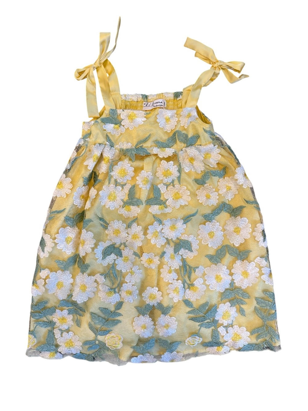 For Love & Lemons- Yellow Floral Embroidered Tie-Shoulder Kids Dress